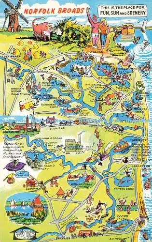 R575274 Norfolk Broads B Y Mee Map Ernest Joyce Plastichrome Colourpicture Publi