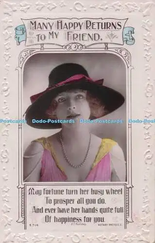 R733006 ManyHappy Returns to My Friend Woman With hat On Head Rotary Photo Londo