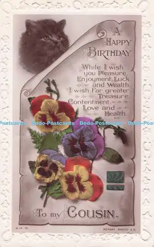 R733597 A Happy Birthday To My Cousin Cat Flowers Rotary Photo Rajar Bromide Car