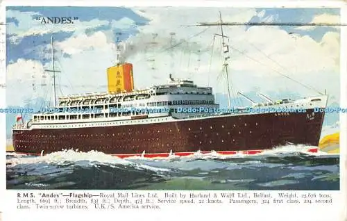 R583247 R M S Andes Flagship Royal Mail Lines Valentine Ship Series 1956