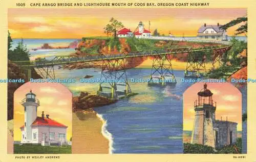 R588219 1005 Cape Arago Brücke und Leuchtturm Mündung der Coos Bay Oregon Küste hoch