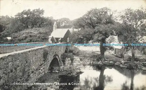 R594709 Criccieth Llanystumbwy Brücke und Kirche J W Bowen 1914