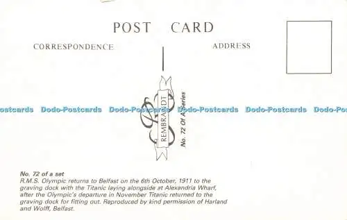 R592710 Nr 72 eines Satzes R M S Olympia kehrt am 6. Oktober 1911 nach Belfast zurück Remb