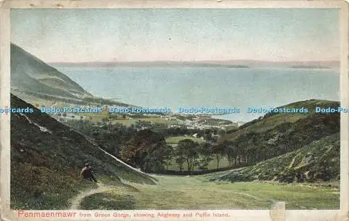 R591508 Penmaenmawr aus Green Gorge zeigt Anglesey und Papageientaucherinsel Pfau