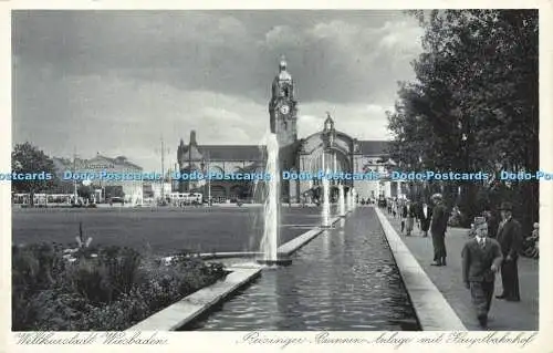 R594007 Weltkurstadt Wiesbaden Reisinger Brunnen Anlage mit Hauptbahnhof Emil Ha