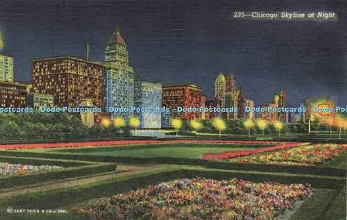 R594321 Chicago Skyline at Night Aero Distributing C T Art Colortone Curt Teich