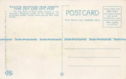 R606405 Wasatch Mountains from Liberty Park Salt Lake City Utah Gray News C T Am