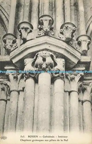 R611323 Rouen Cathedrale Interieur Chapitaux Grotesques aux Piliers de la Nef E