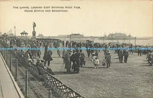 R611688 The Lawns Looking East Showing West Pier Peace Statue and Bandstand No 5