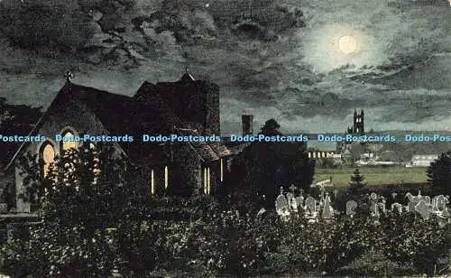 R612406 Nachtansicht Kirche und Friedhof Valentine Moonlight Serie 1904