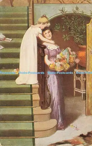 R619226 Frau und Mädchen Treppe Blumen S Hildesheimer 1904