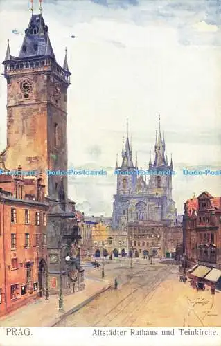 R619443 Prag Altstadtter Rathaus und Teinkirche Künstlerpostkarten nach d Aquarel