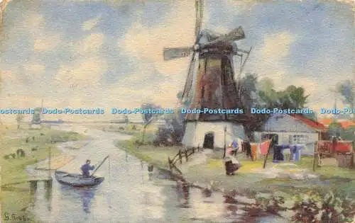 R621983 G Grobe Windmühle Boot Fluss Gemälde Meissner und Buch Künstler Postkart