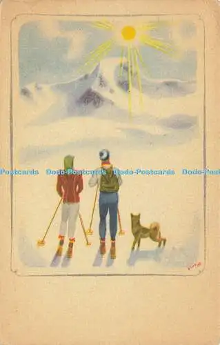 R619839 Menschen Ski Hund Winter Schnee Sonne Berg Illustration M und Co Serie N