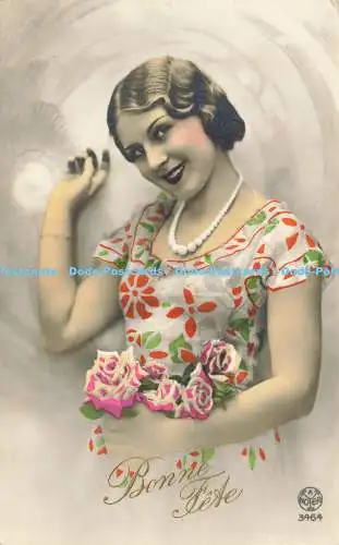 R619889 Bonne Fete Frau Perlen Halskette Portrait Blumen A Noyer 3464 1937