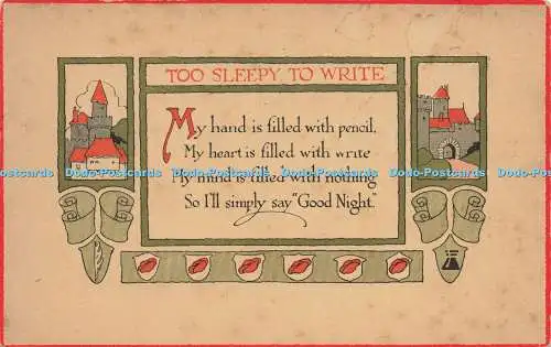 R618638 Too Sleepy to Write My hand is fill with pencil A M Davis Quality Card