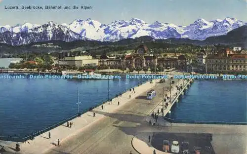 R623327 Luzern Seebrücke Bahnhof und die Alpen E Goetz