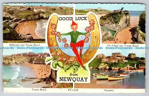 R741450 Good Luck From Newquay The Island and Towan Beach Valentine 1971 Multi V