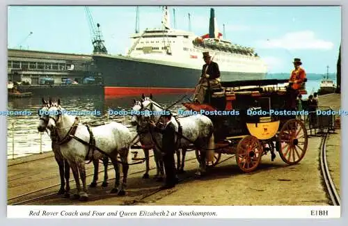 R744054 Red Rover Coach and Four and Queen Elizabeth II at Southampton Harvey Ba