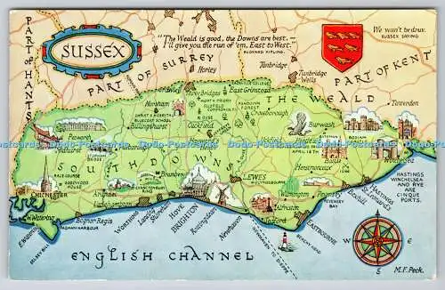 R745464 Sussex English Channel Map J Salmon Ltd Watercolour M F Peck