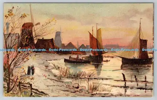 R749493 Winter Village Windmills River and Boats Raphael Tuck and Sons Art serie