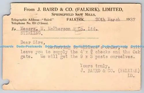 R749872 Springfield Sägewerke Falkirk J Baird and Co Limited 1937