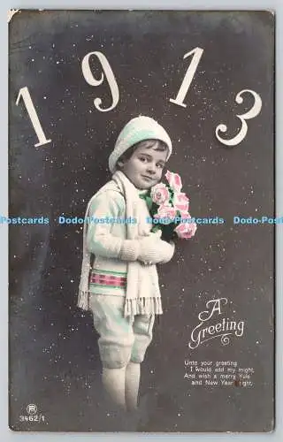 R750058 Ein Gruß 1913 Junge mit Blumen Carlton Publishing Co Rotophot 1912