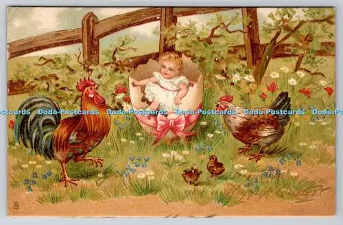 R751666 Frohe Ostern Baby und Huhn Raphael Tuck and Sons Osterserie Nr E 9