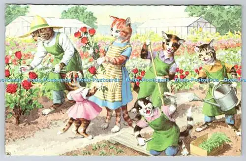 R755449 Illustration Katzen Familie im Garten Postkarte und Variety Stores Ltd