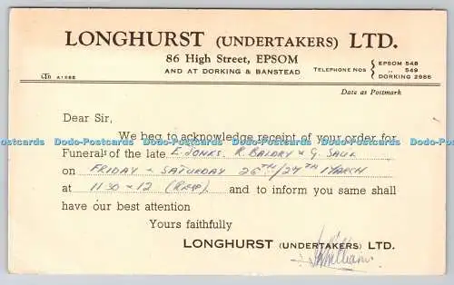 R758143 Telegram Longhurst Undertakers Ltd PM Surrey 1954