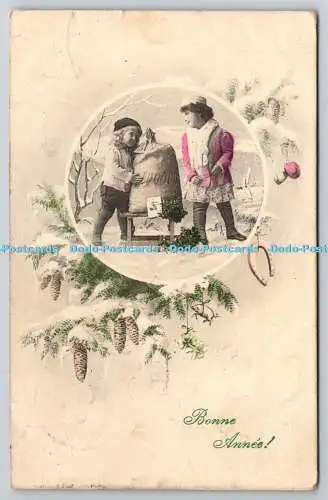 R759231 Bonne Annee Zwei Kinder ziehen einen Schlitten Import 1912