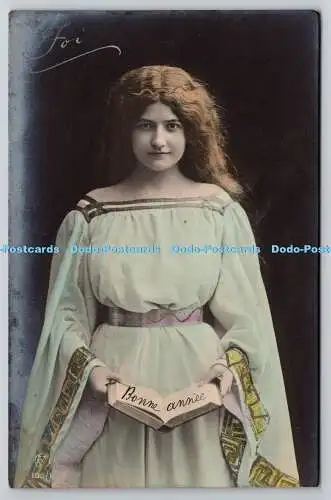 R759372 Bonne Annee junge Frau im langen Kleid mit Krone 1909