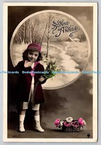 R759400 Bonne Annee kleines Mädchen mit Blumen 1912