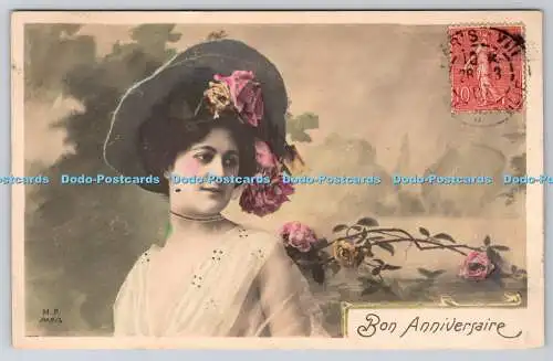 R770000 Bon Anniversaire Junge Frau im Kleid und Hut M F Paris 1907