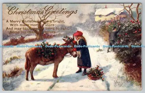 R770958 Weihnachtsgrüße Mädchen und Esel Stechpalmentage Raphael Tuck und Söhne Öl