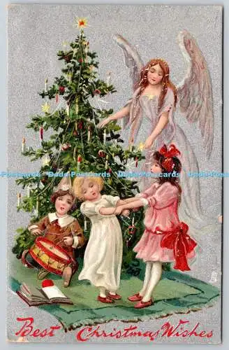 R772404 Beste Weihnachtswünsche Kinder tanzen um Weihnachtsbaum stecken Christus