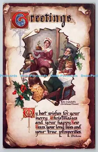 R771180 Greetings Bob Cratchit Christmas Dinner Raphael Tuck and Sons Oilette Po