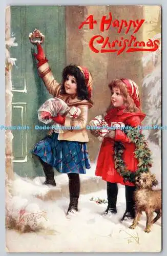 R771193 A Happy Christmas Two Girls with Dog Raphael Tuck and Sons Oilette Postc