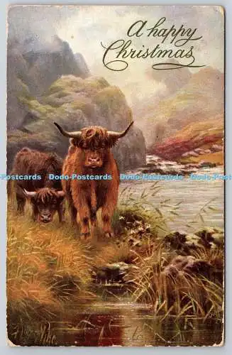 R771390 A Happy Christmas Cows near River In the Scottish Highlands Raphael Tuck