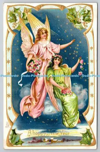 R771470 A Happy New Year Angel and Woman Raphael Tuck and Sons New Year Series N