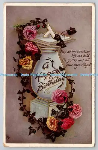 R771485 A Happy Birthday Roses and Vase Raphael Tuck and Sons Gem Birthday Serie