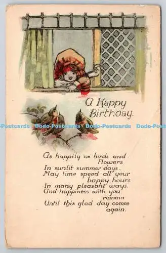 R771761 A Happy Birthday Birds Girl at the Window Tuck Coloured Crayon No 1893 1