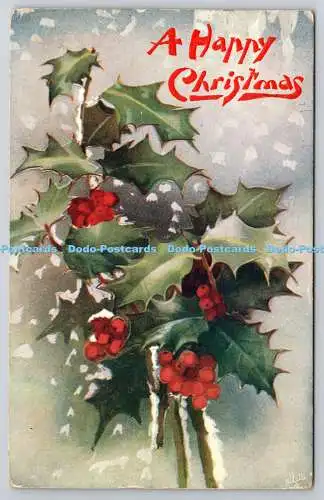 R771795 A Happy Christmas Holly Leaves Red Berries and Snow Accents Tuck Oilette