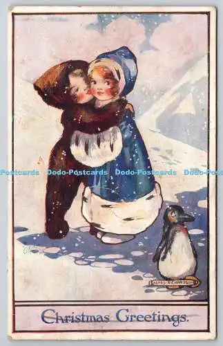 R773020 Weihnachtsgrüße Pinguin zwei Kinder Schneedecke Oilette Nr. C7132