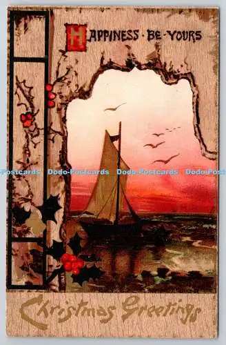 R771812 Happiness be Yours Christmas Greetings Ship in the Sea Birds Tuck O er W