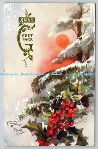 R771818 Xmas Greetings Tree Red Berries Holly Time Tuck Oilette 9465 M Morris PM