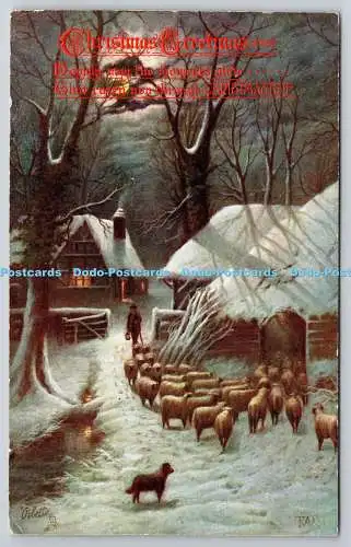 R771837 Weihnachtsgrüße Schafdorf Wintermantel Tuck Oilette Serie II