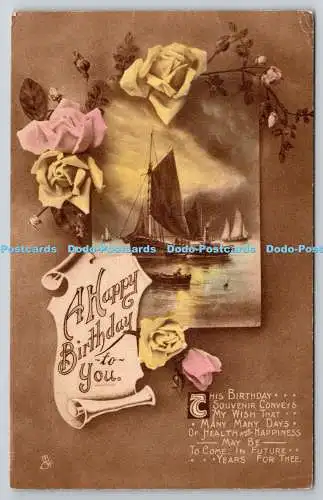 R772054 A Happy Birthday To You Ships Flowers Tuck Hand Coloured Carbonette No R