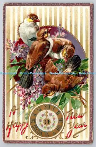 R772258 A Happy New Year Birds Clock Tuck Happy Hours Series of New Year Post Ca