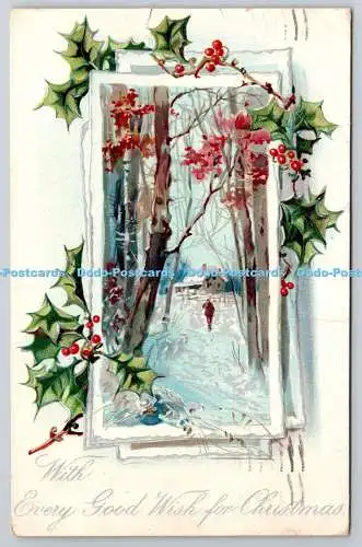 R772377 With Every Good Wishes For Christmas Village Forest Tuck Holly Post Card